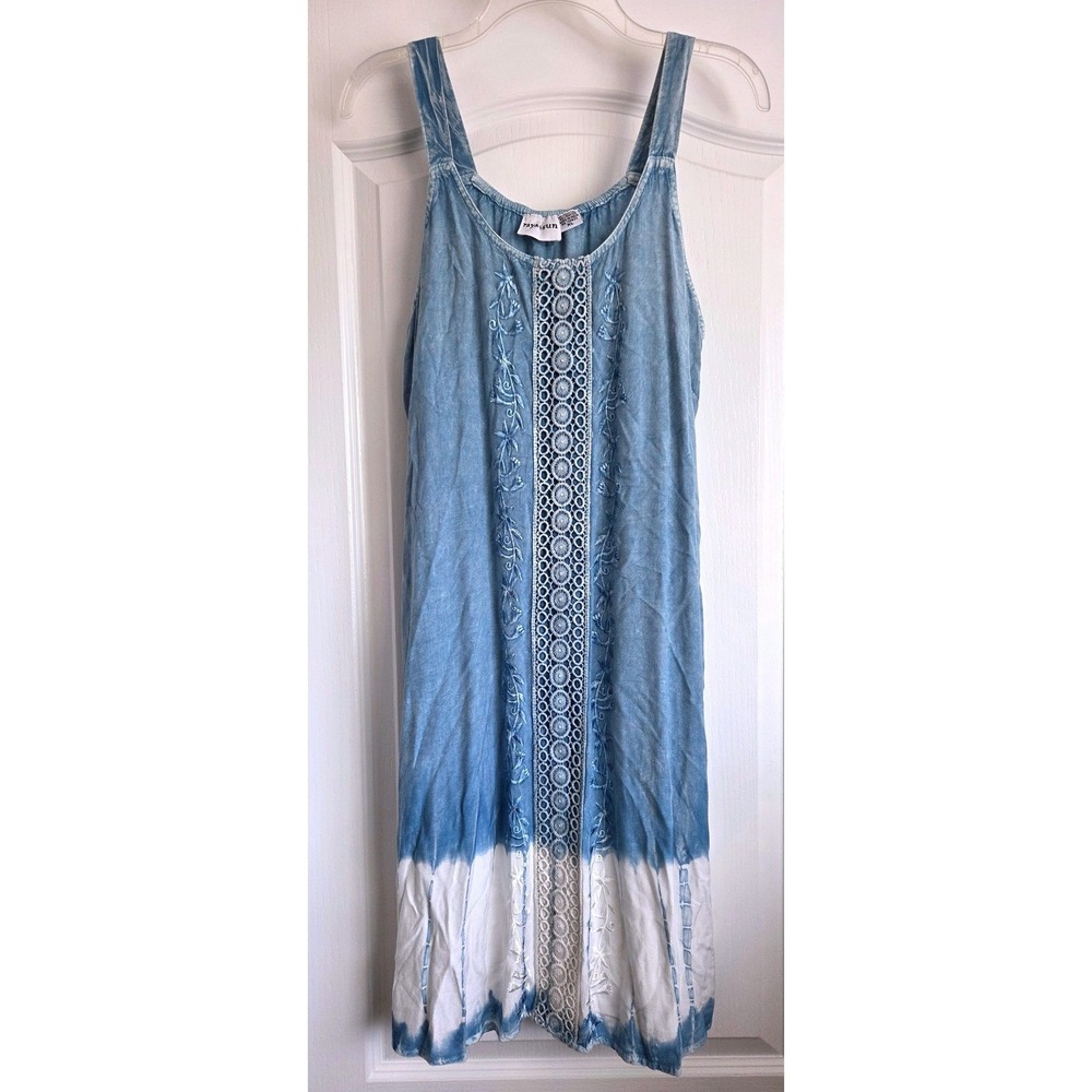 VTG Raya Sun Blue Chambray Embroidered Eyelet Lace Dip Dye Midi Dress Sz XL